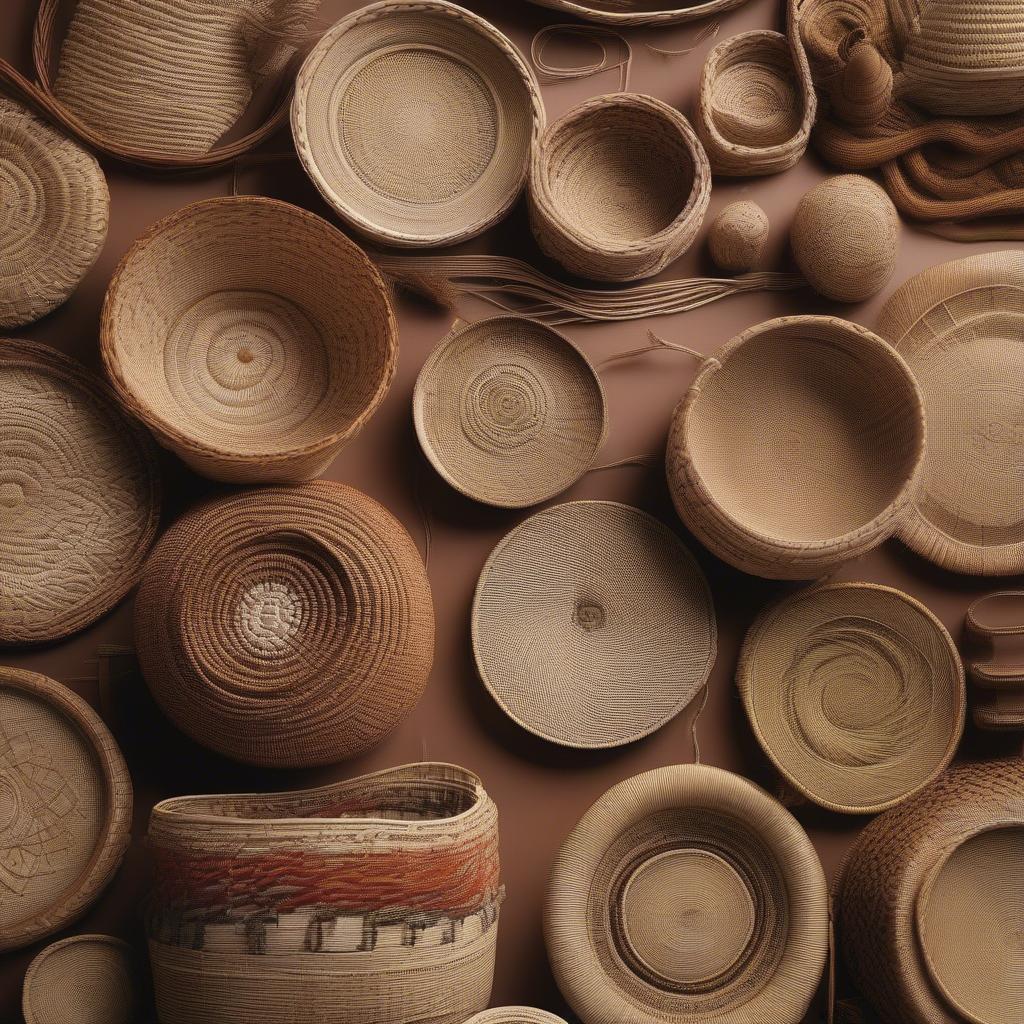 Close-up view of several baskets demonstrating various weaving techniques.