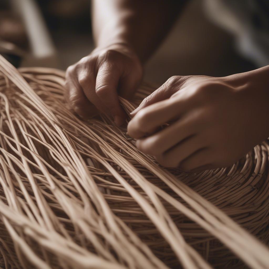 Close-up of hands weaving a rattan basket in Portland, Oregon.