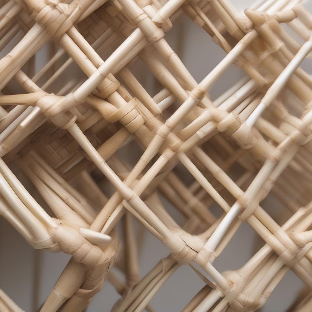 Close up of the intricate weave pattern on a white bamboo side table