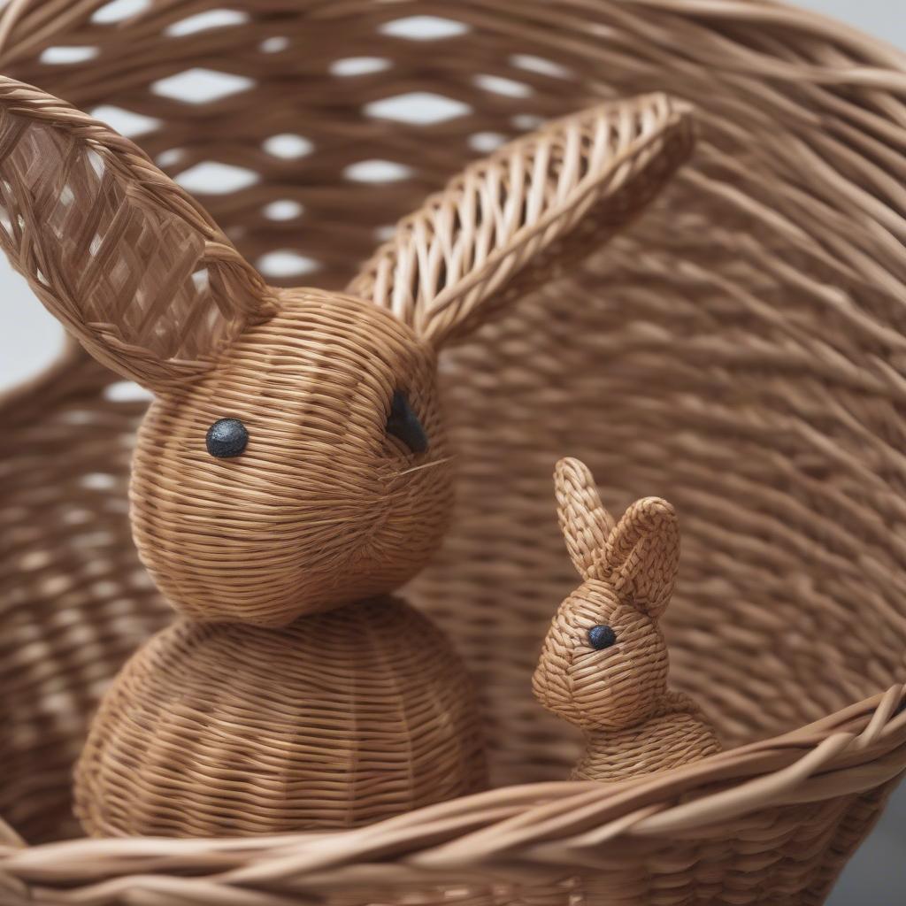 Close-up view of wicker and rattan basket weave bunnies, highlighting the texture and craftsmanship.