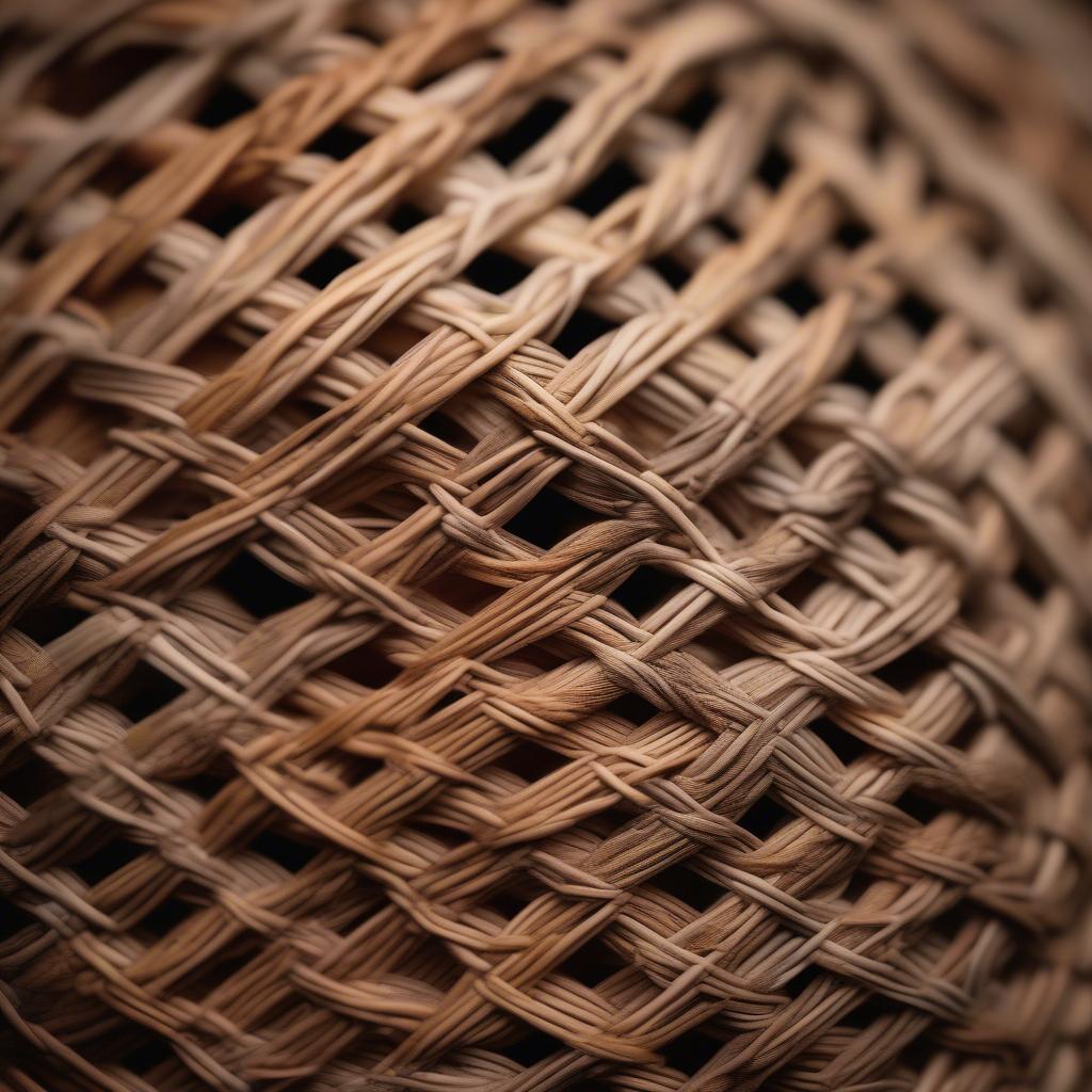 Close-up view of the intricate texture of a wicker basket, showcasing the interwoven fibers and detailed craftsmanship.