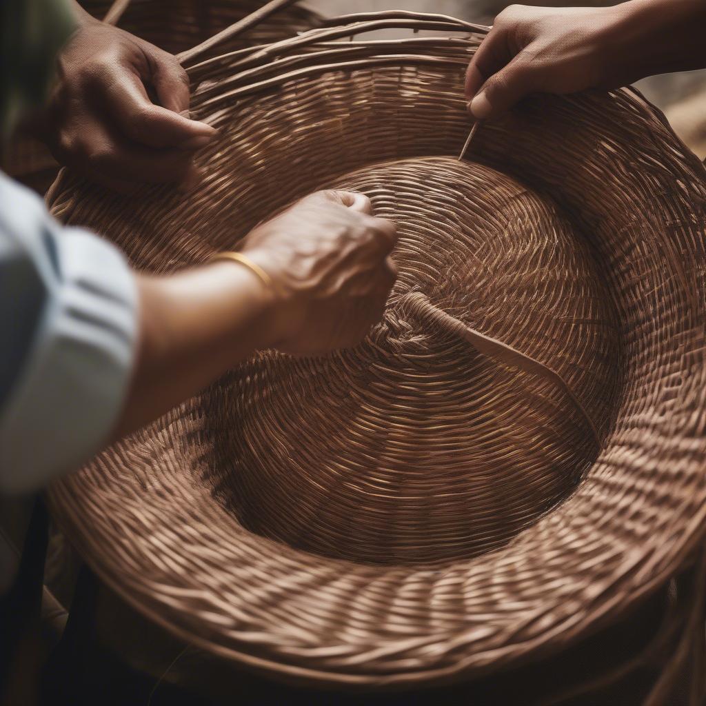 Close-up of wicker basket weaving process showing intricate details and skilled hands