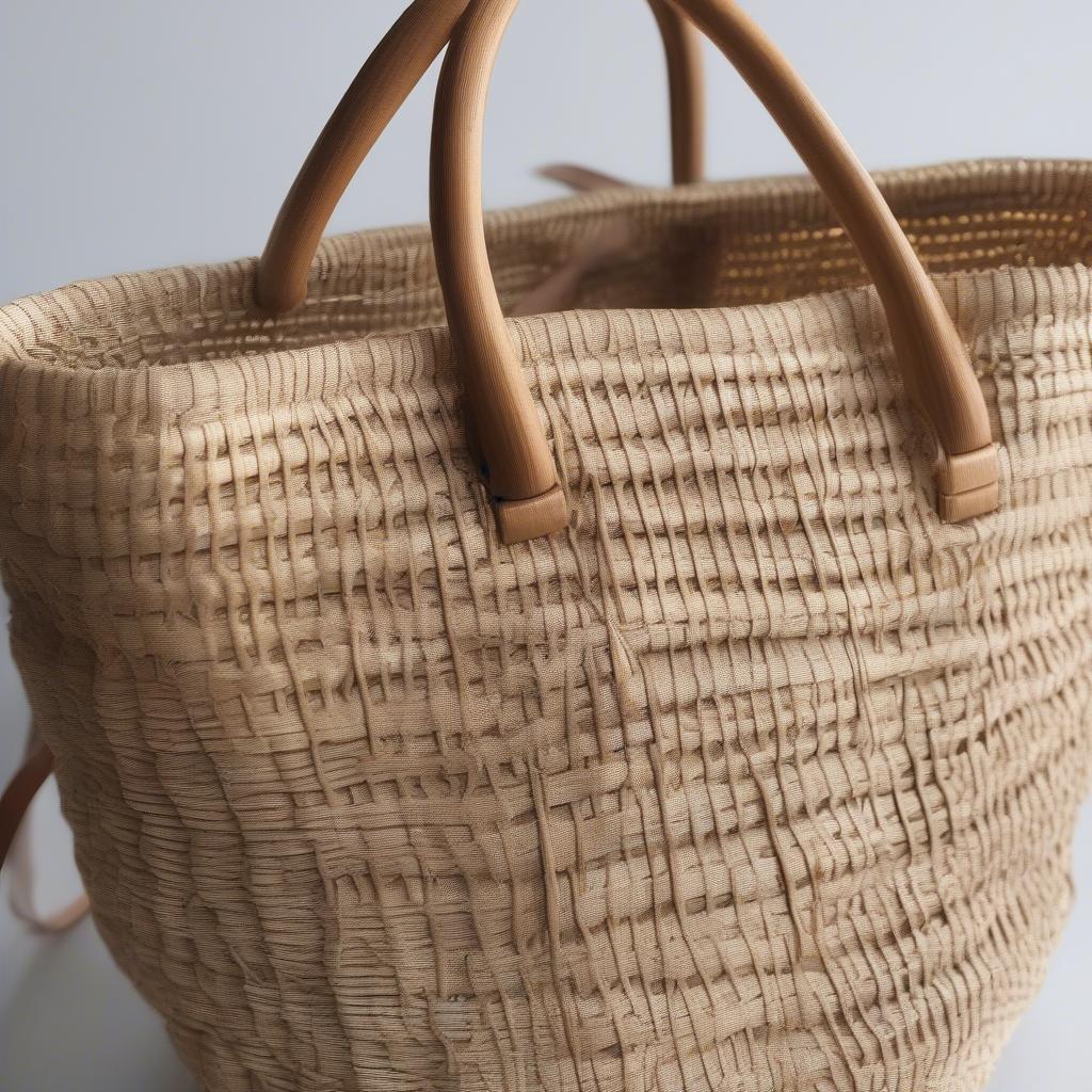 Close-up of the intricate weave of a straw beach bag, highlighting the craftsmanship.