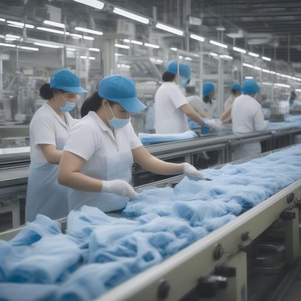 A bustling production line in a cloth packaging zipper non-woven bag factory.