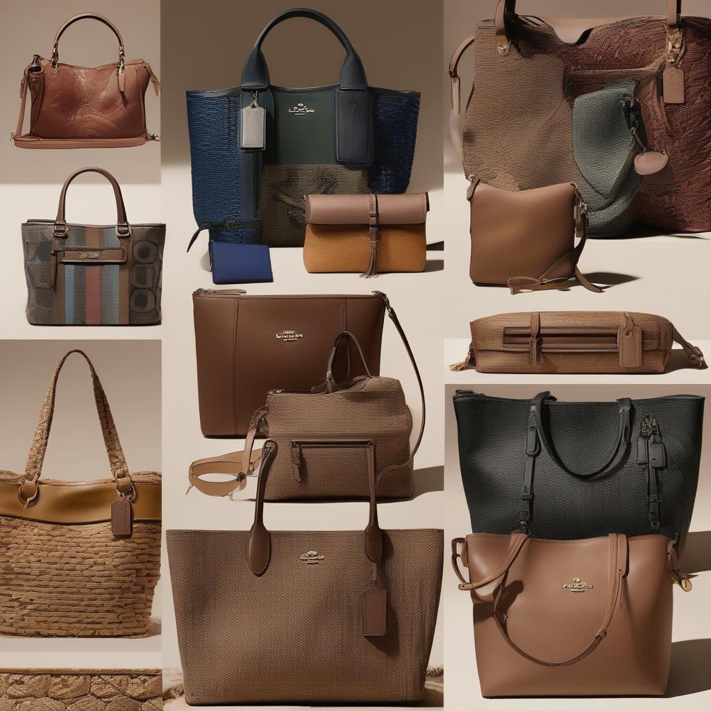 Different styles of woven Coach bags showcasing various materials, colors, and weaving patterns.