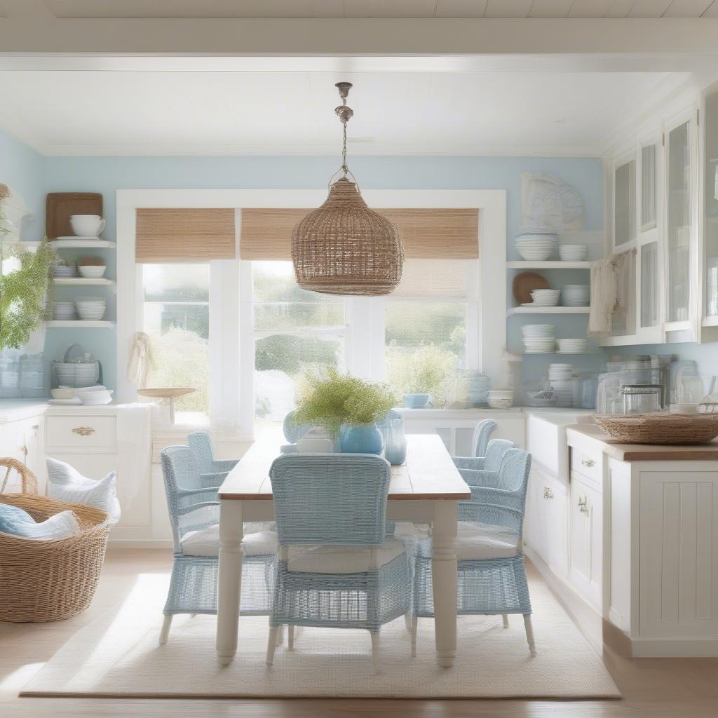 Coastal Kitchen with White Wicker Chairs