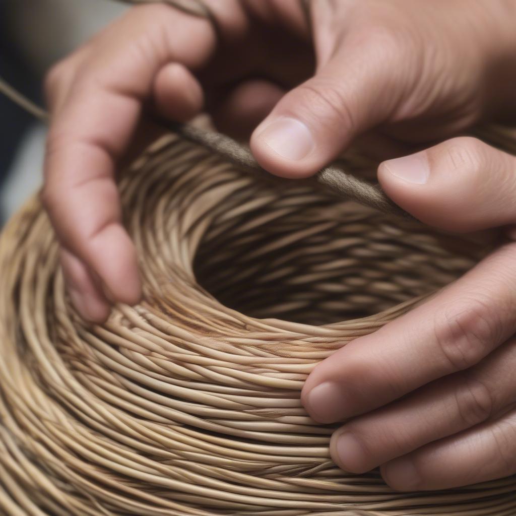 Coiling basket weaving technique involves wrapping a pliable material around a core.