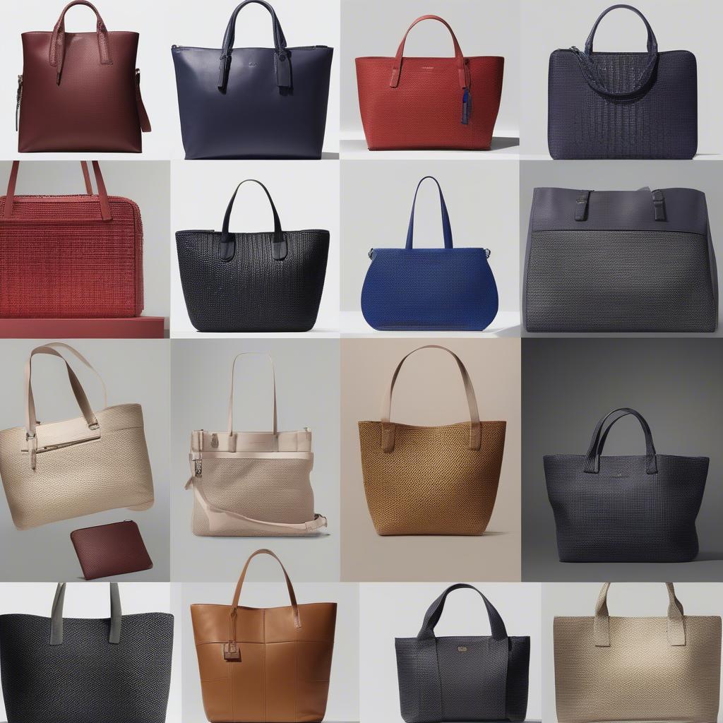 Variety of Cole Haan Heritage Weave bags in different styles, colors, and sizes.