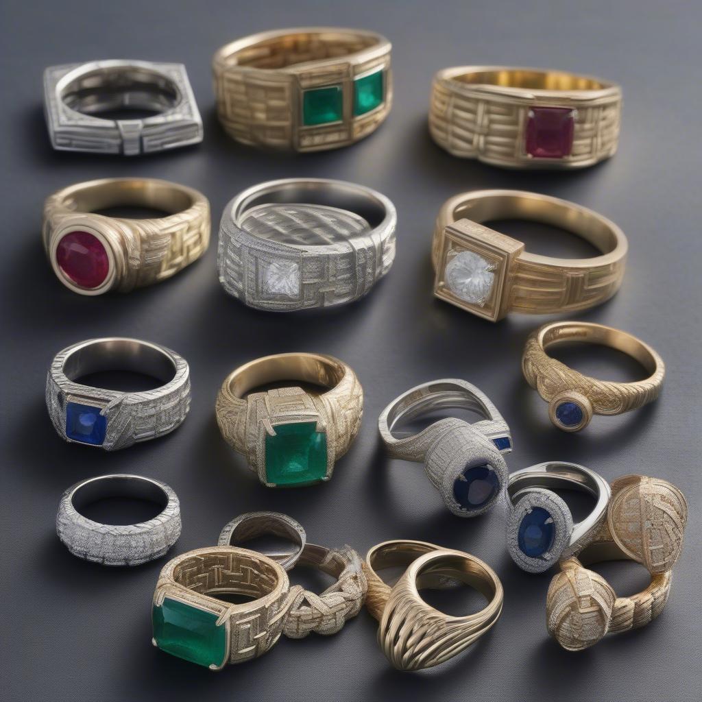 A collection of basket weave rings in various metal types and gemstone settings.