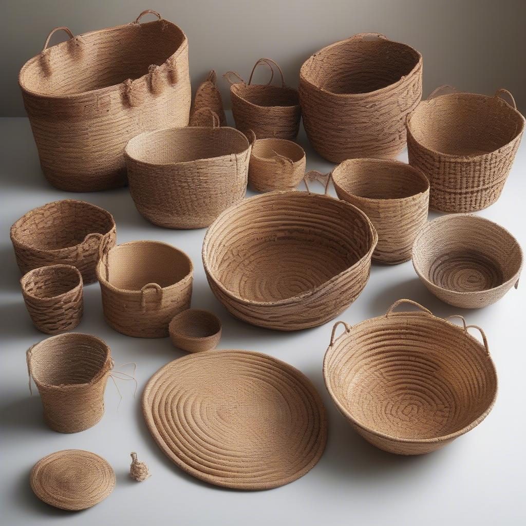 A collection of diverse pine straw baskets showcasing various sizes, shapes, and weaving patterns.