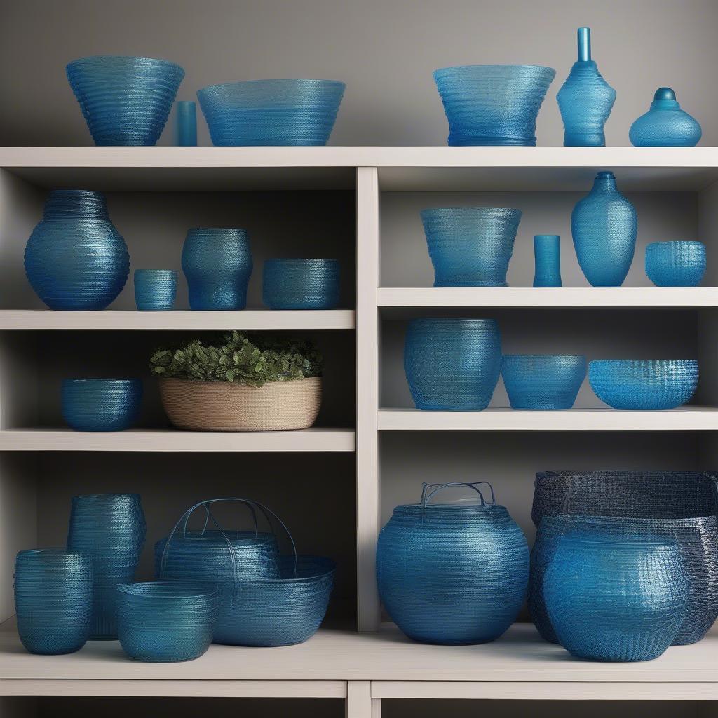 A collection of colonial blue glass baskets with various basket weave patterns.