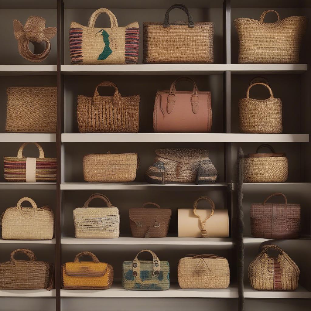 A collection of various vintage woven bags, including a horse head design, displayed on a shelf