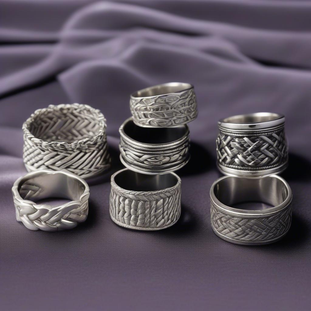 A collection of sterling silver basket weave rings in different styles