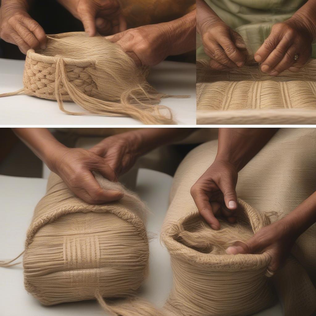 Step-by-step process of creating a Colombian woven bag using Iraca palm fibers, from harvesting and preparing the fibers to the final weaving stages.