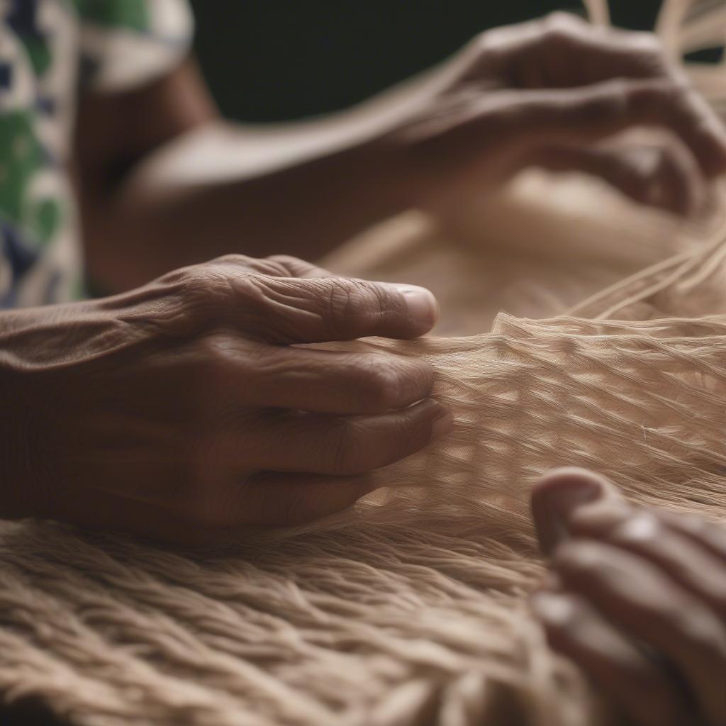 Close-up view of the weaving process, showcasing the intricate details of Colombian woven bags.