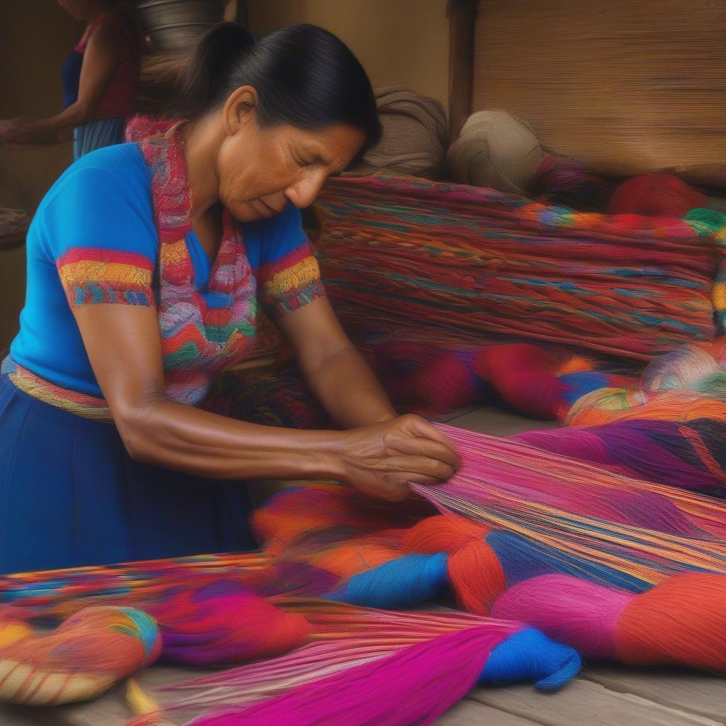 Colombian artisans meticulously handcrafting traditional woven bags, showcasing the intricate detail and vibrant colors.