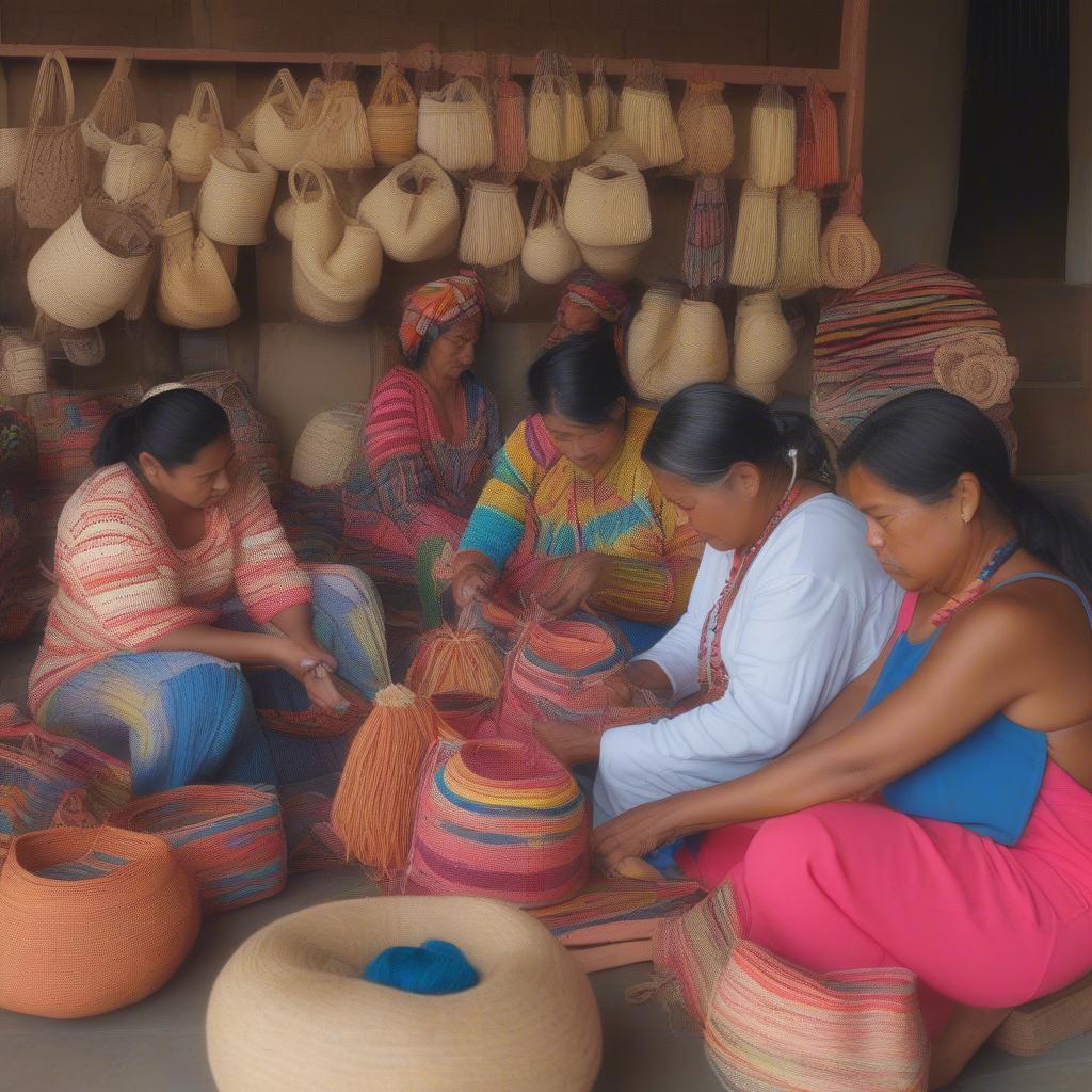 Colombian artisans weaving traditional bags using Iraca palm and fique fibers.