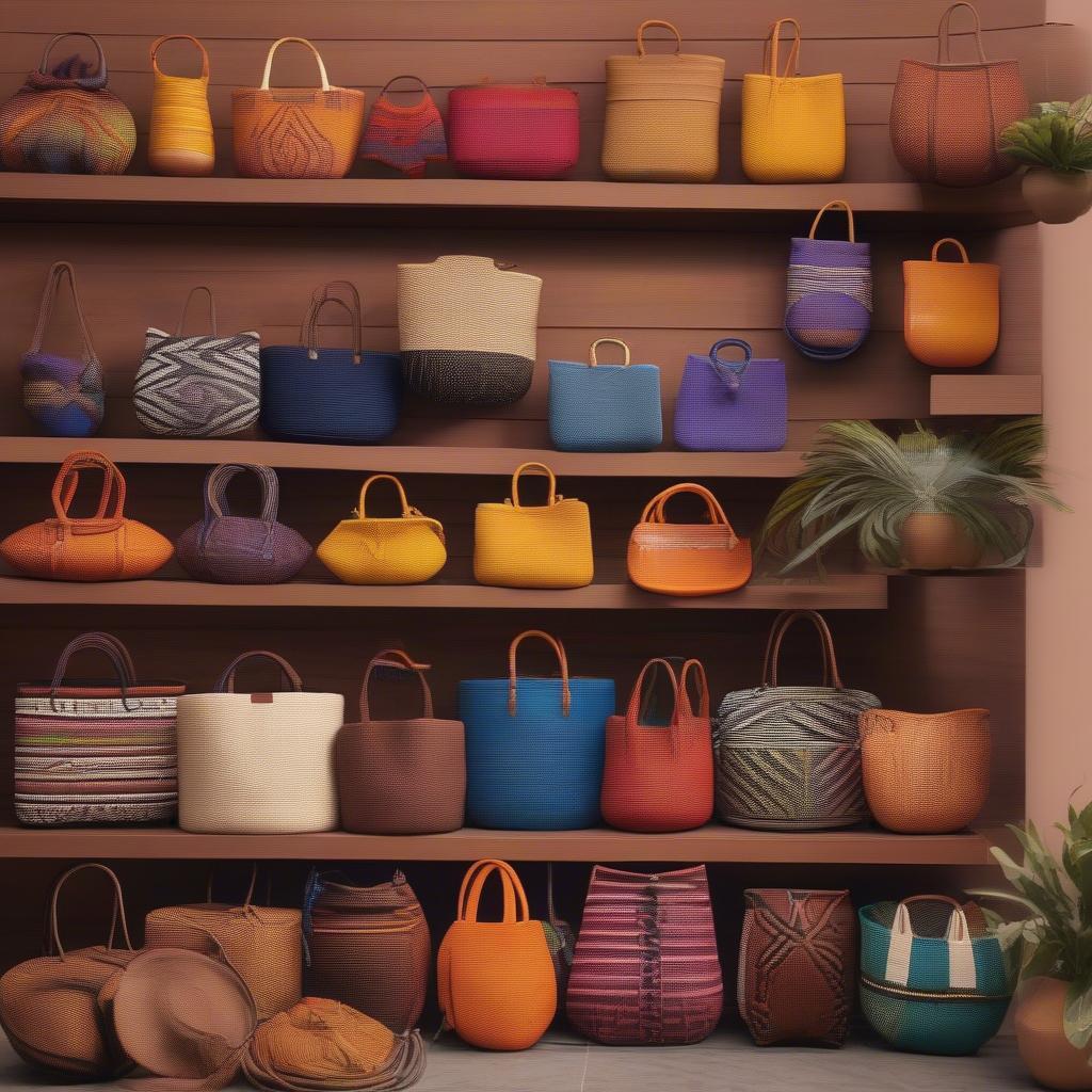 A display of various styles and colors of Colombian woven bags.