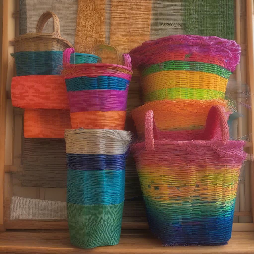 A vibrant and colorful contemporary basket, showcasing the use of unconventional materials and techniques in modern basket weaving.