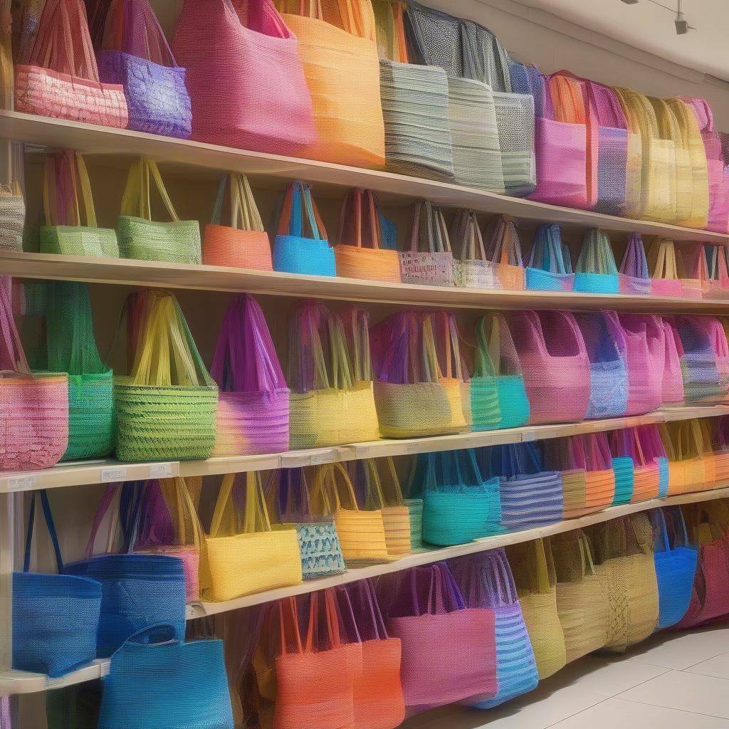 Colorful Woven Plastic Beach Bags Display