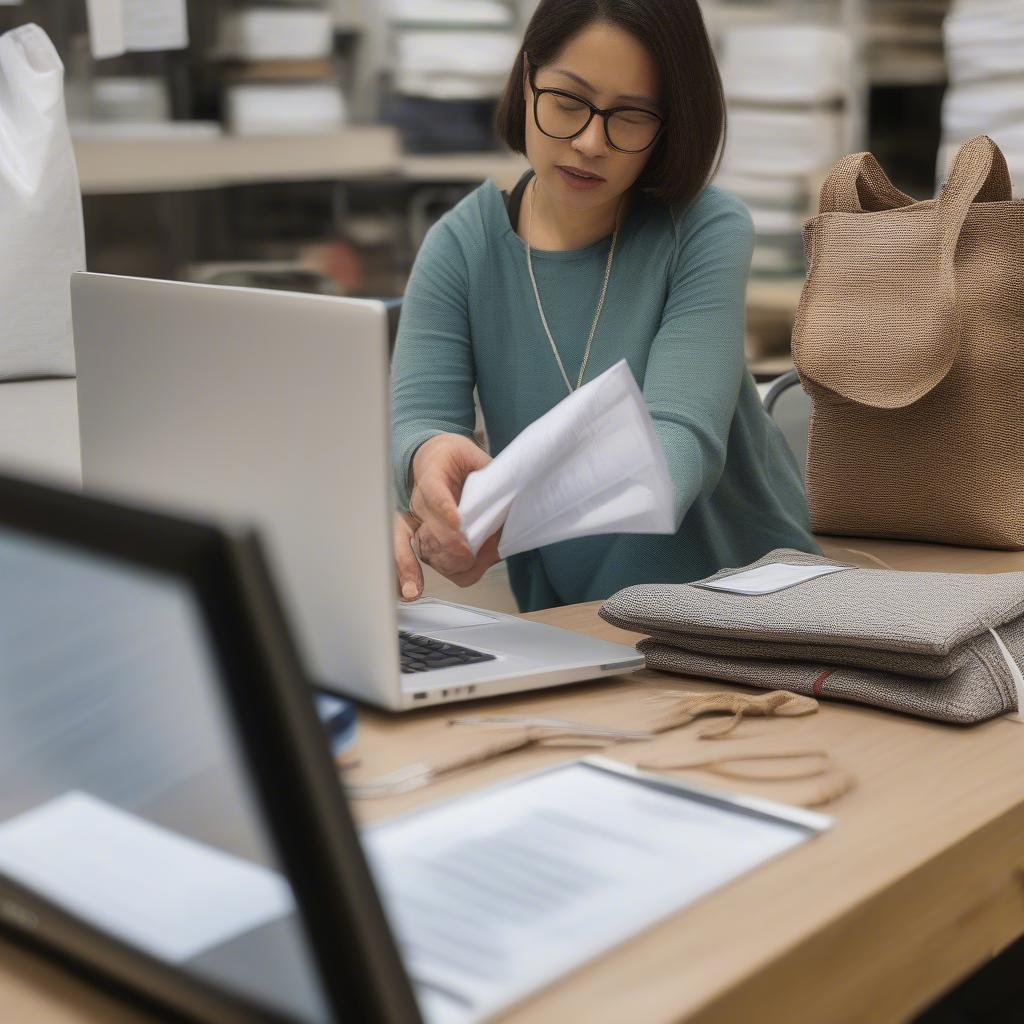 A person sitting at a desk reviewing multiple quotes for PP woven bags on a laptop, with samples of bags spread out on the table.