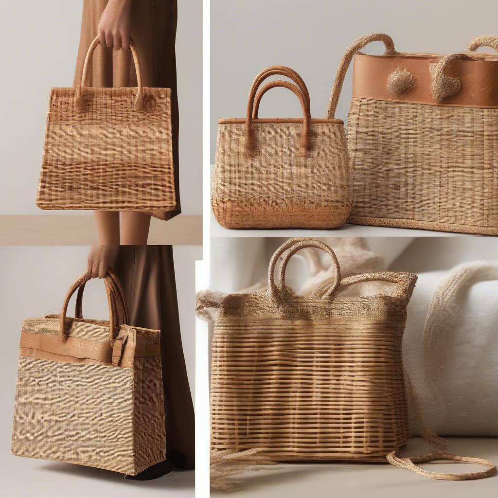 A side-by-side comparison of wicker, rattan, and synthetic woven bags, highlighting their texture, weave, and overall appearance.