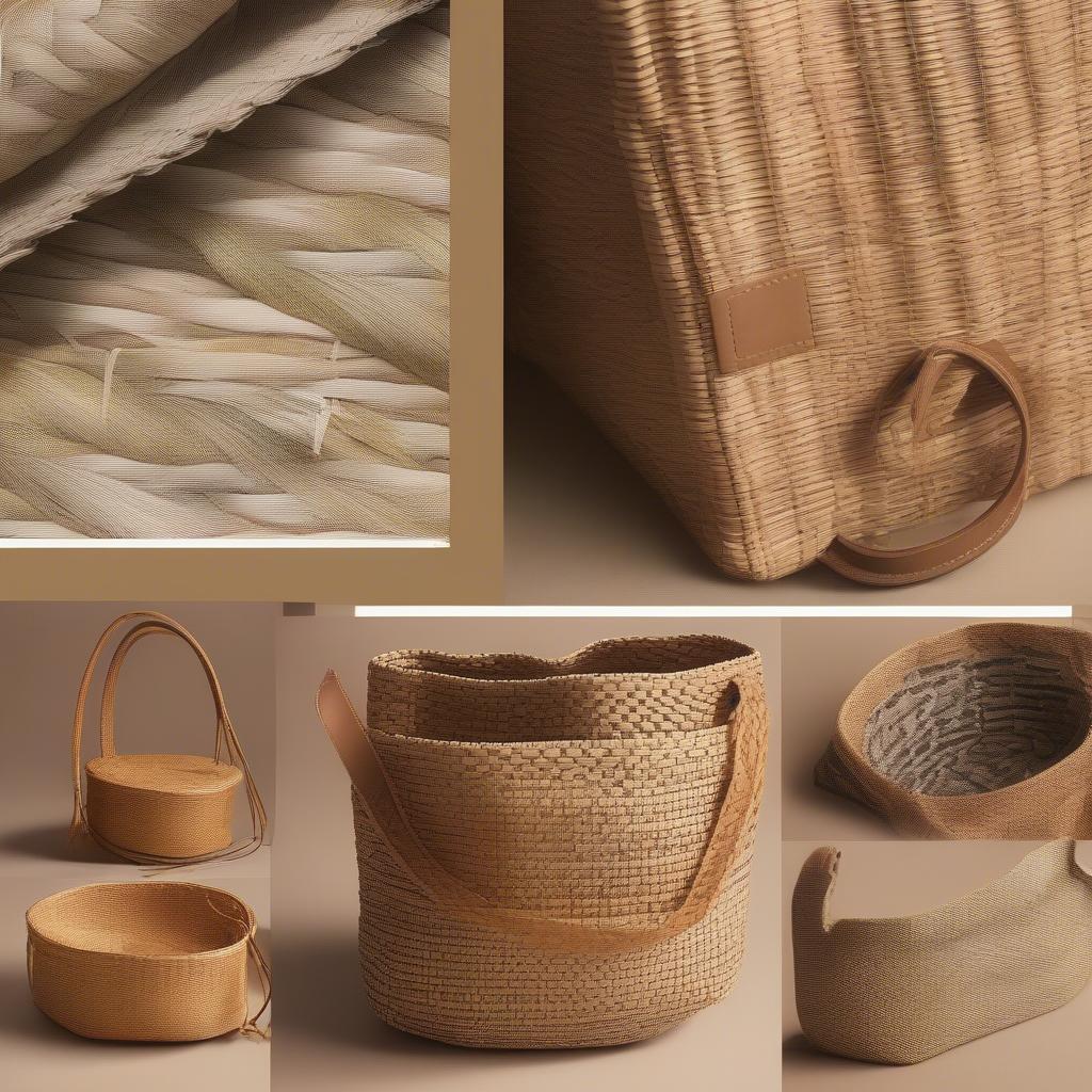 Comparison of different woven bag materials, including Alaffia's, wicker, and rattan, highlighting their distinct textures and appearances.