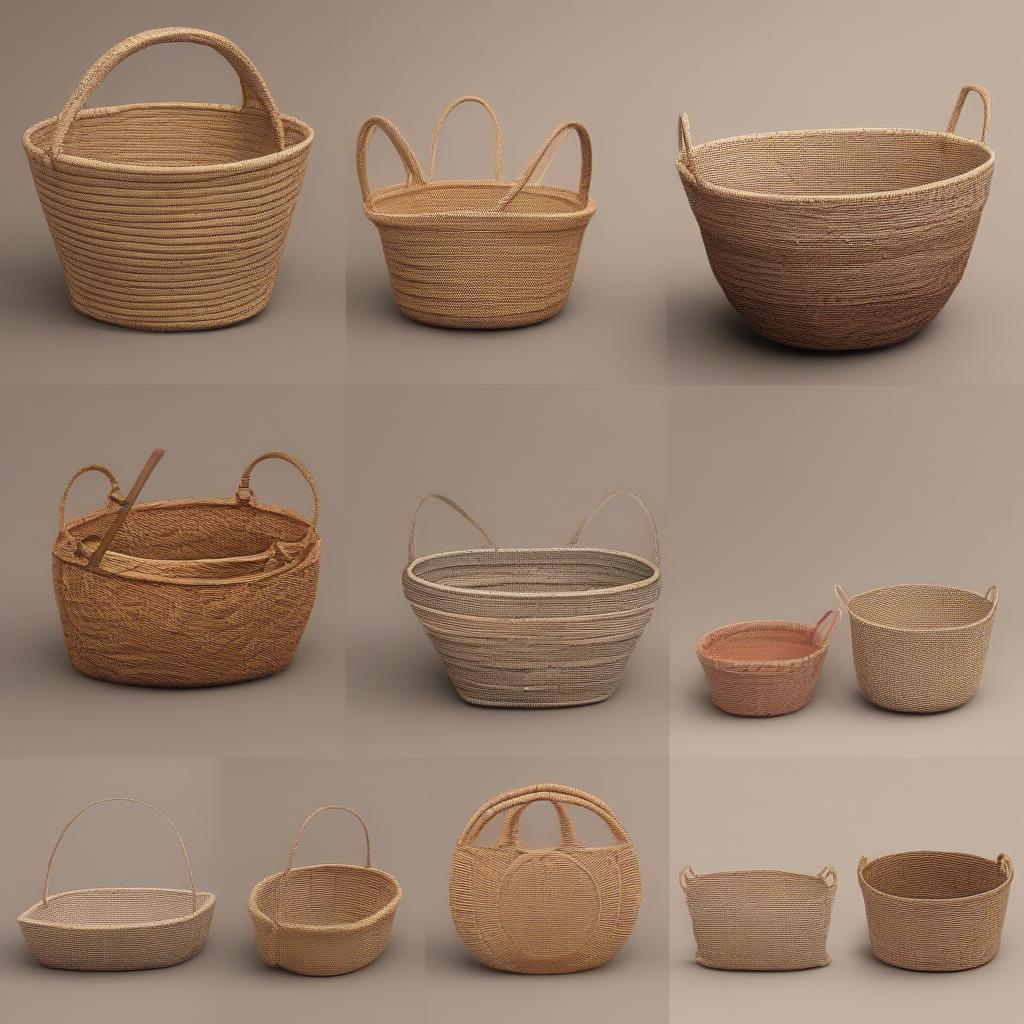 A variety of woven baskets in different sizes, shapes, materials, and colors, arranged side by side for comparison. Labels indicate the material (e.g., rattan, wicker, seagrass) and approximate price range.