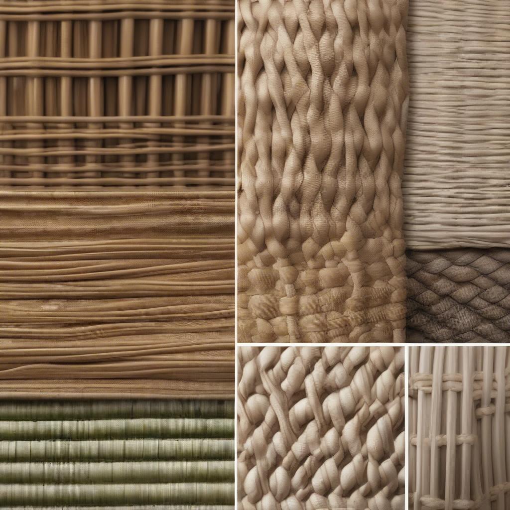 Comparing different woven materials for a Dyson vacuum storage bag: wicker, rattan, seagrass, and jute, highlighting their texture, durability, and aesthetic.