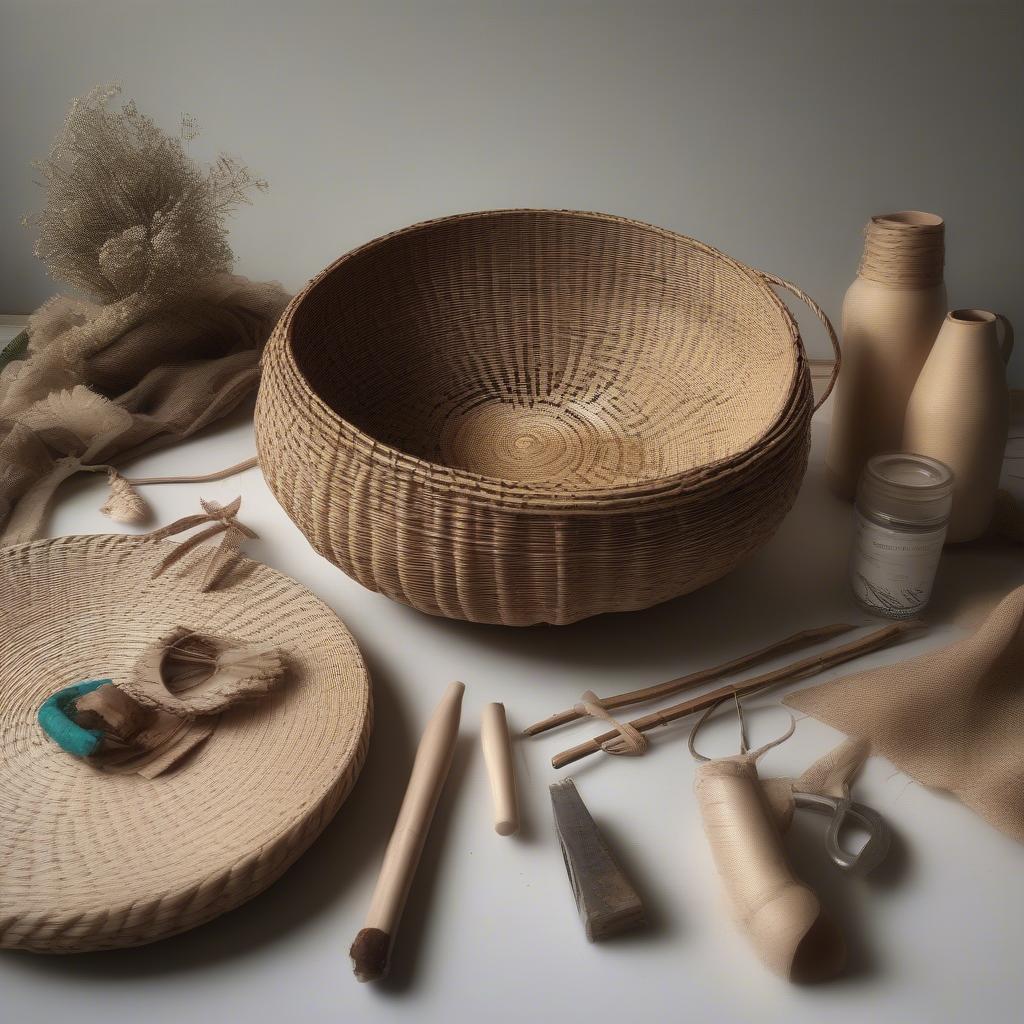 A completed basket woven using a basket weaving kit.