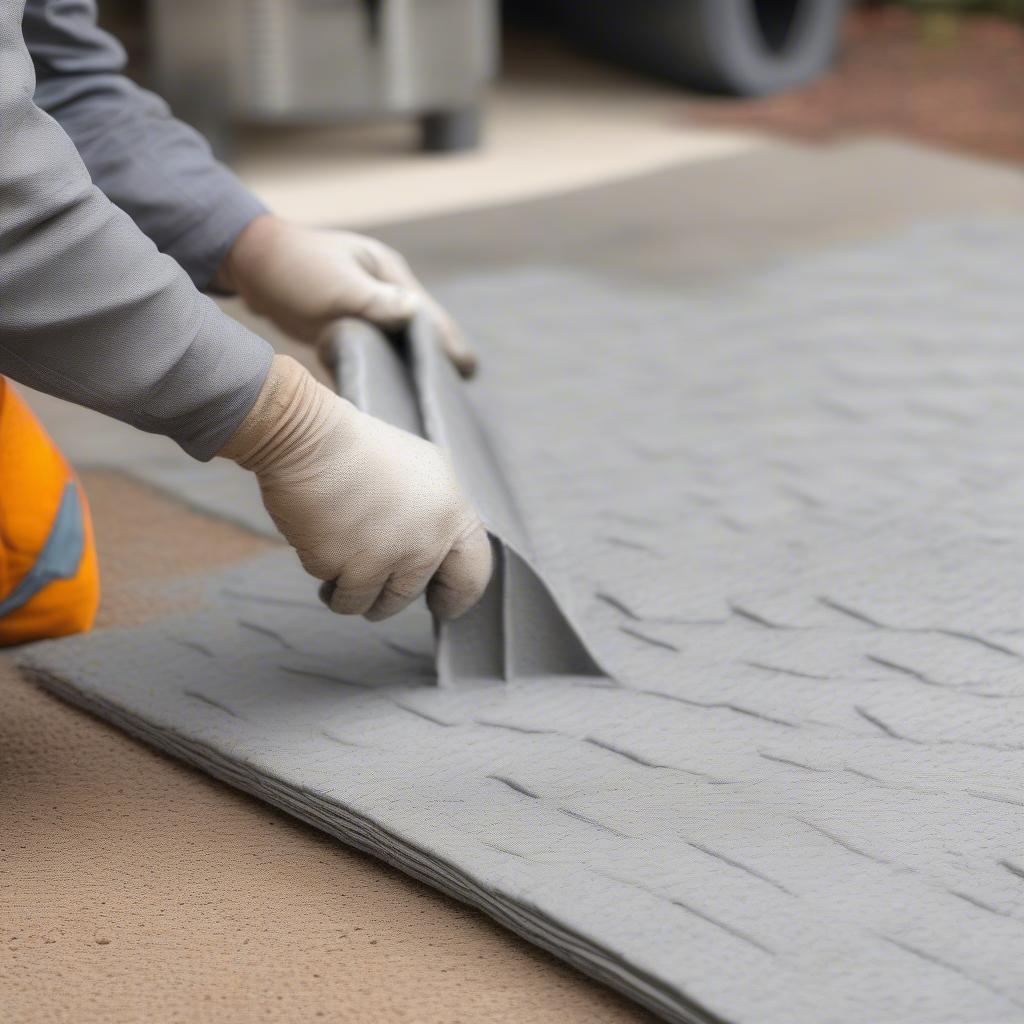 Worker using a concrete basket weave texture mat on a freshly poured concrete patio