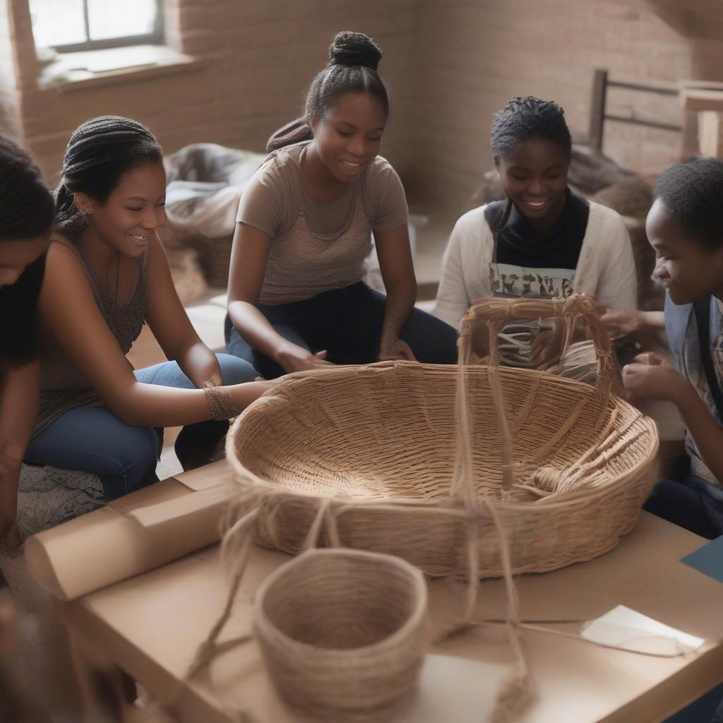 Connecting with other students in a basket weaving class.