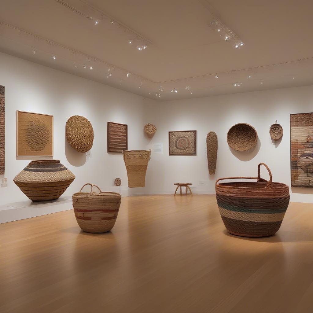 A contemporary exhibition of native basket weaving showcasing diverse styles and innovations