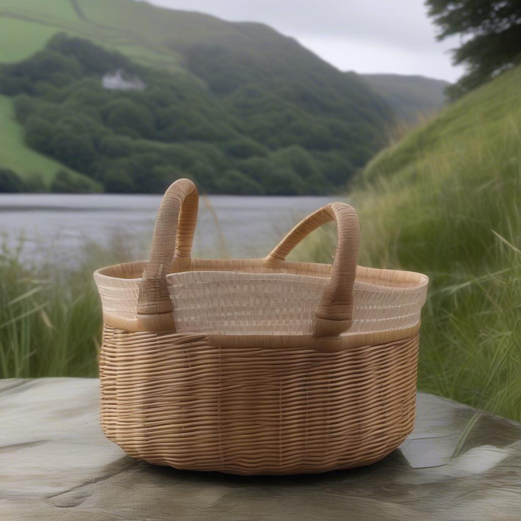 Modern rattan basket weaving in Glendalough, showcasing a contemporary design and skilled craftsmanship.