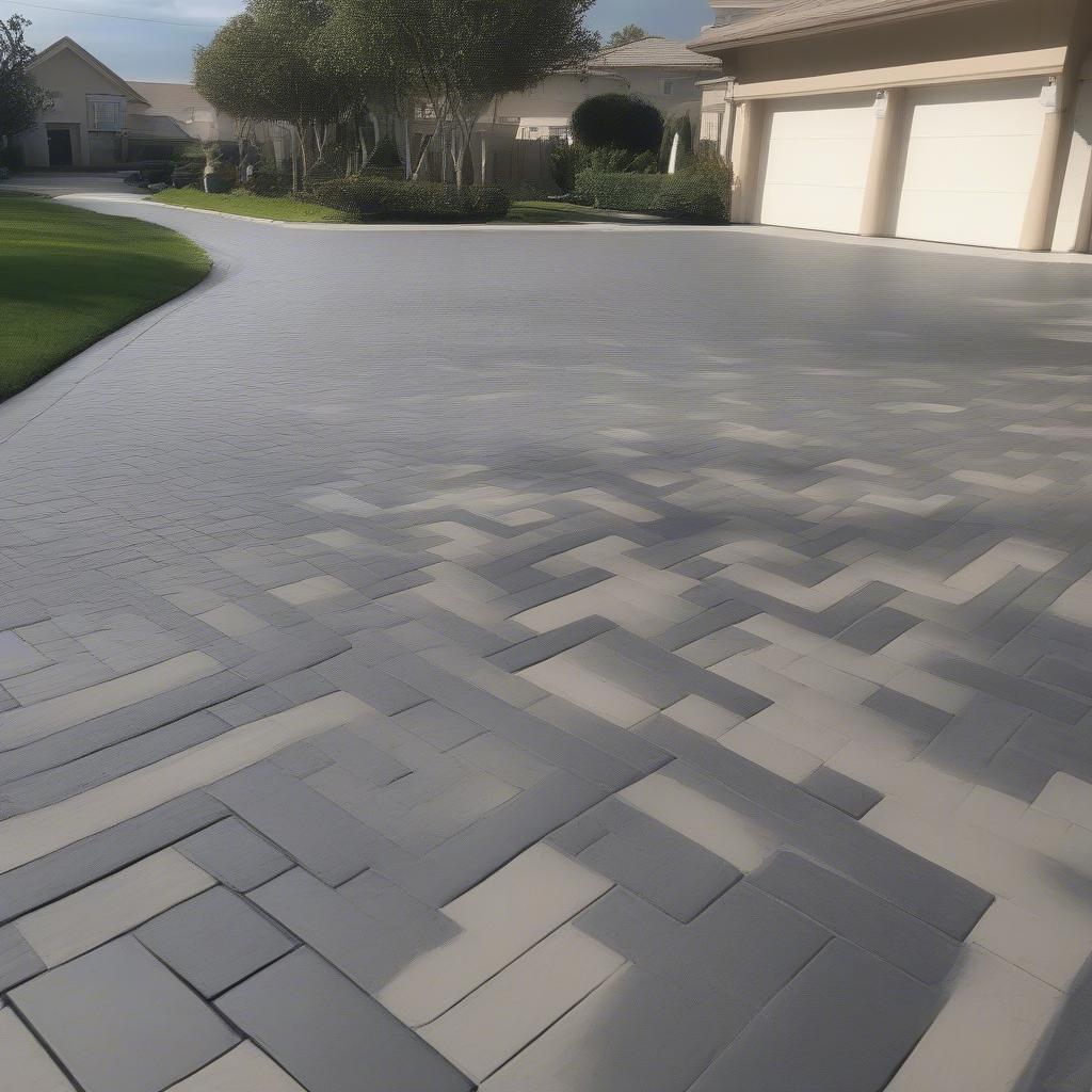 A driveway with a contrasting color basket weave paver pattern