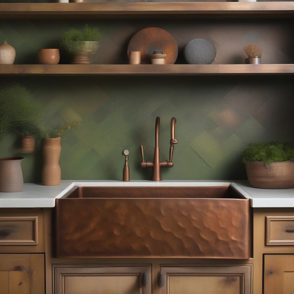 Copper basket weave farmhouse sink developing a patina.