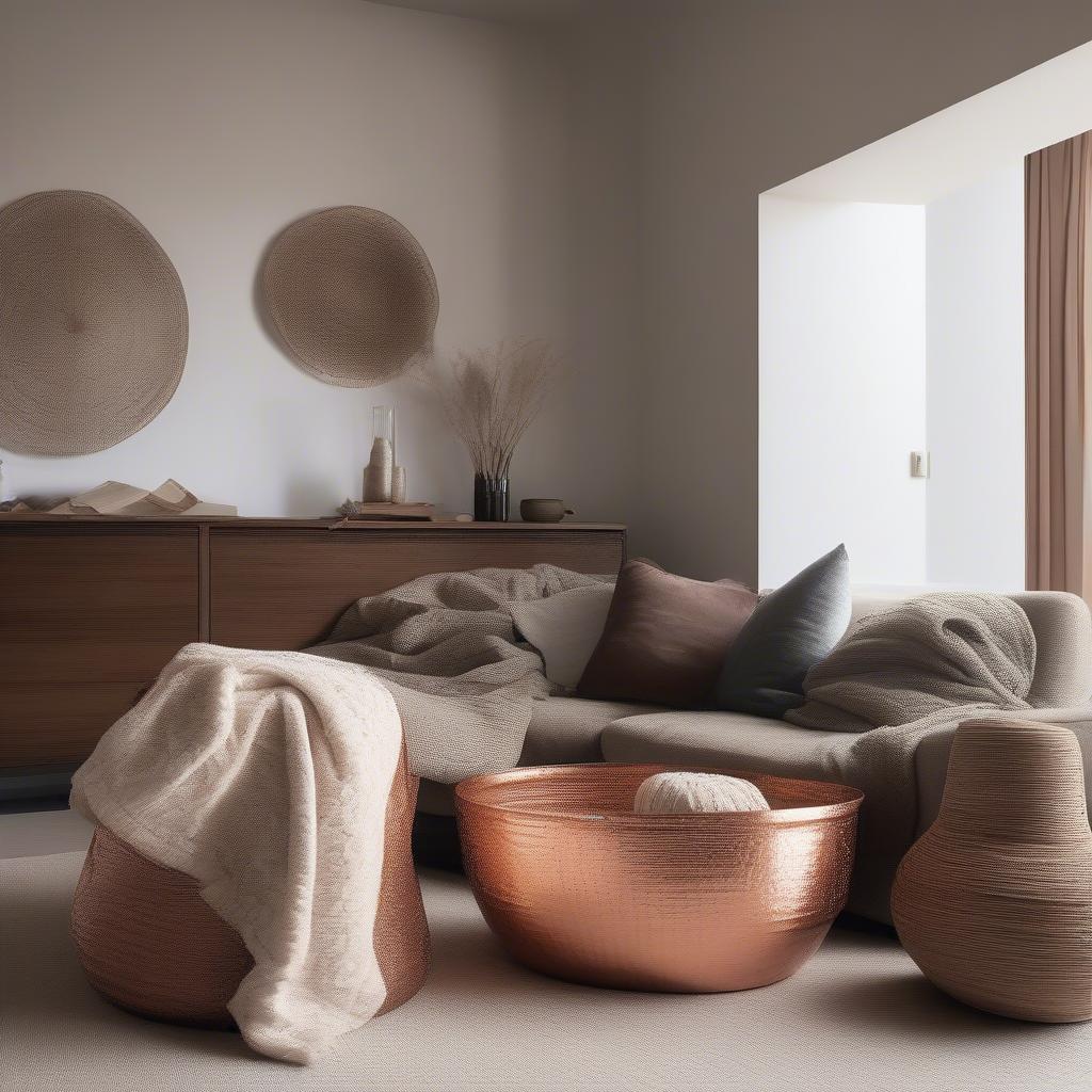 A copper weave basket used as a decorative accent in a living room setting.