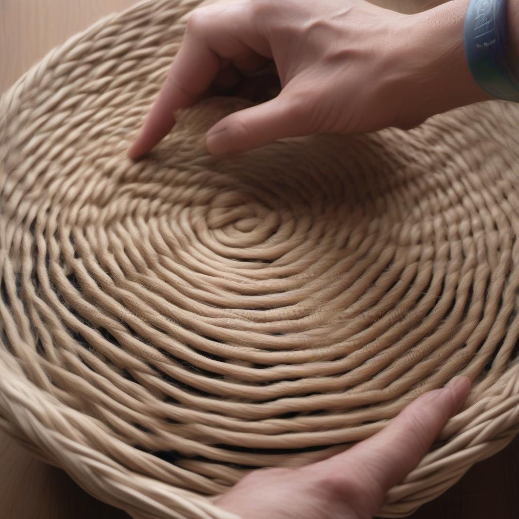 Cord Basket Weaving Basics: Showing the fundamental steps of weaving with cord, including starting a base, creating sides, and finishing the rim.