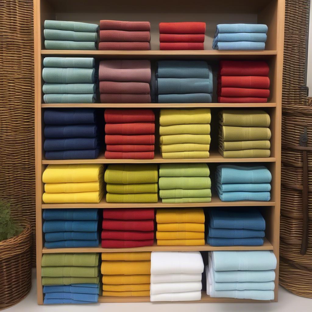 Cotton kitchen towels in various colors with basket and flat weave