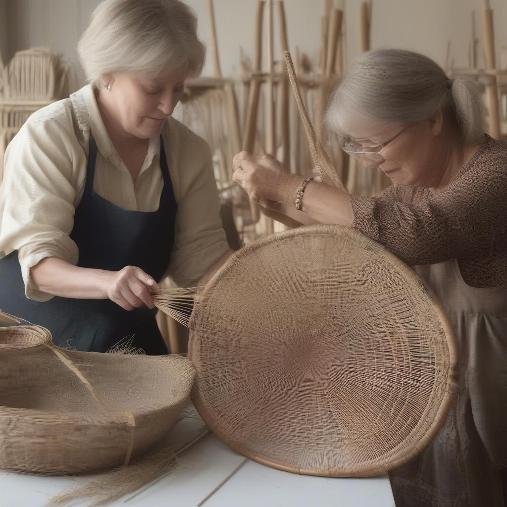 Karen and Laura Lott demonstrating traditional country chair weaving techniques