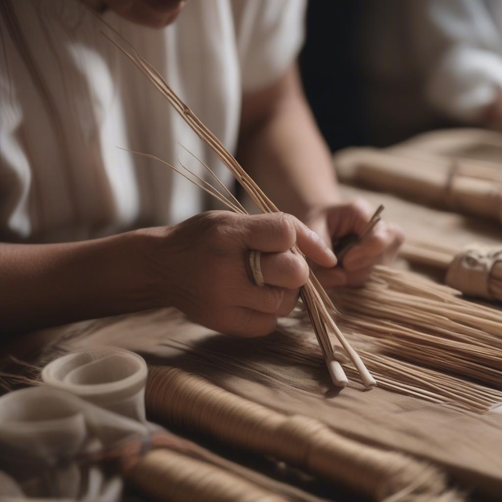 Various materials used in country chair weaving, including cane, rush, and splint.