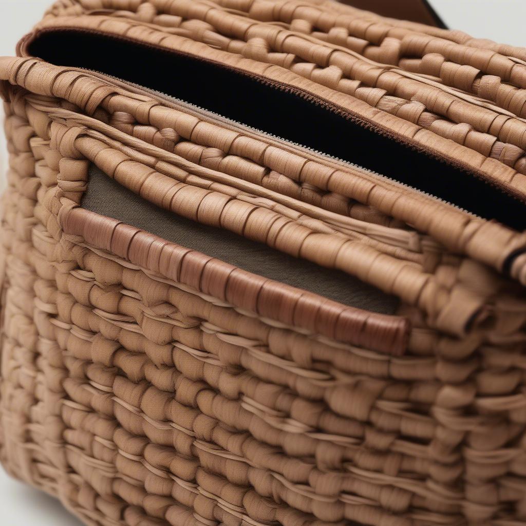 Close-up of a Country Road woven camera bag showcasing the intricate weave and natural fibers.