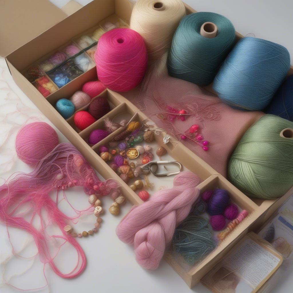 Craft Kit Contents: A display of all the materials included in a typical handwoven evening bag craft kit, including yarns, needles, beads, closure, and instructions.