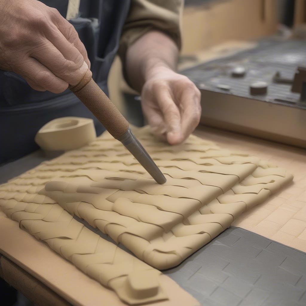 A craftsman carefully molding a sheet of basket weave kydex