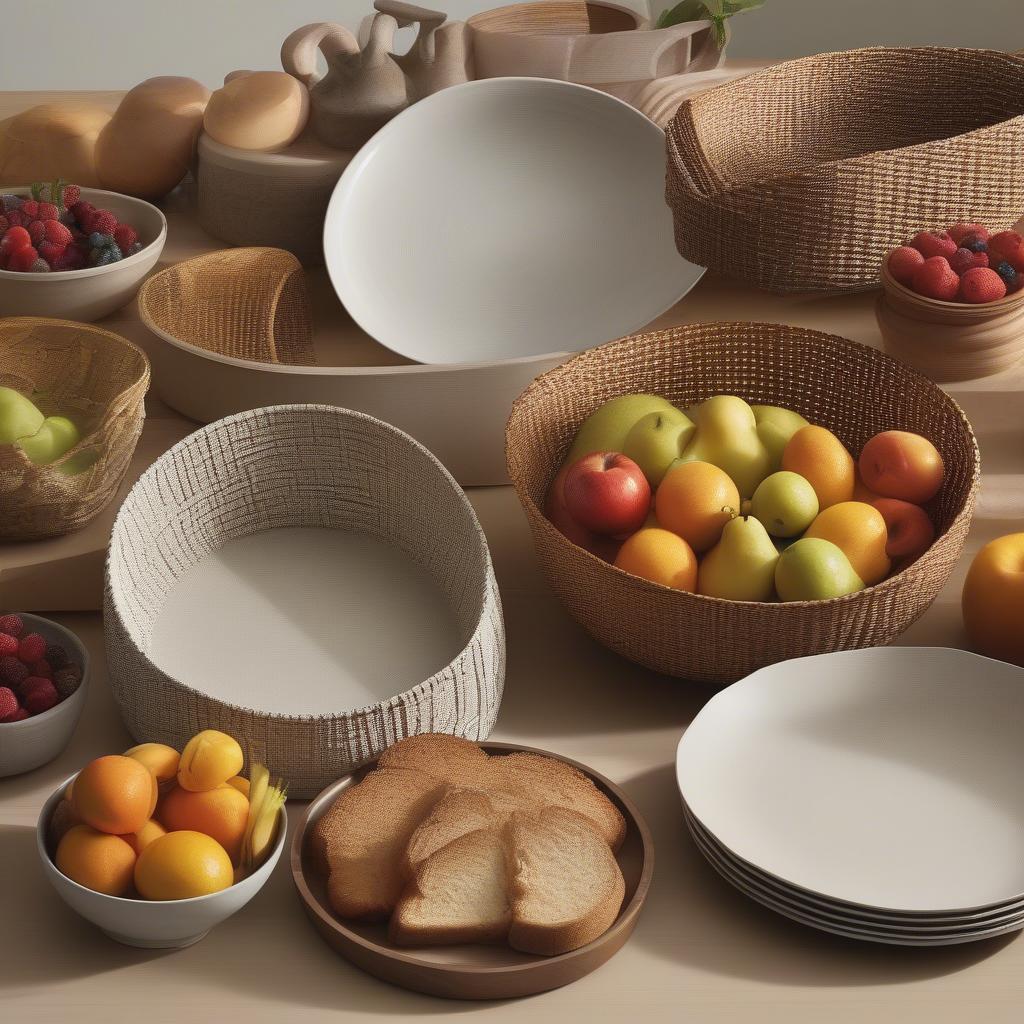 Crate and Barrel basket weave serving dishes showcase various styles and sizes, perfect for bread, fruit, and other treats.