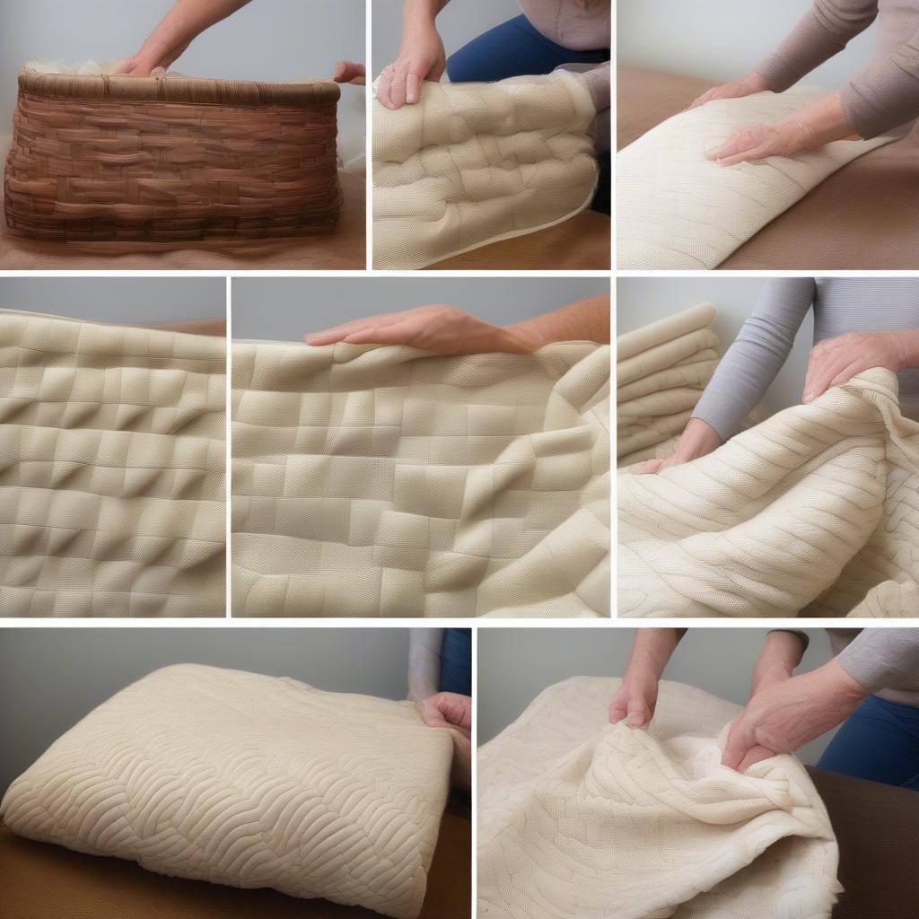 Step-by-step process of creating a basket weave pattern with blankets on a bed.