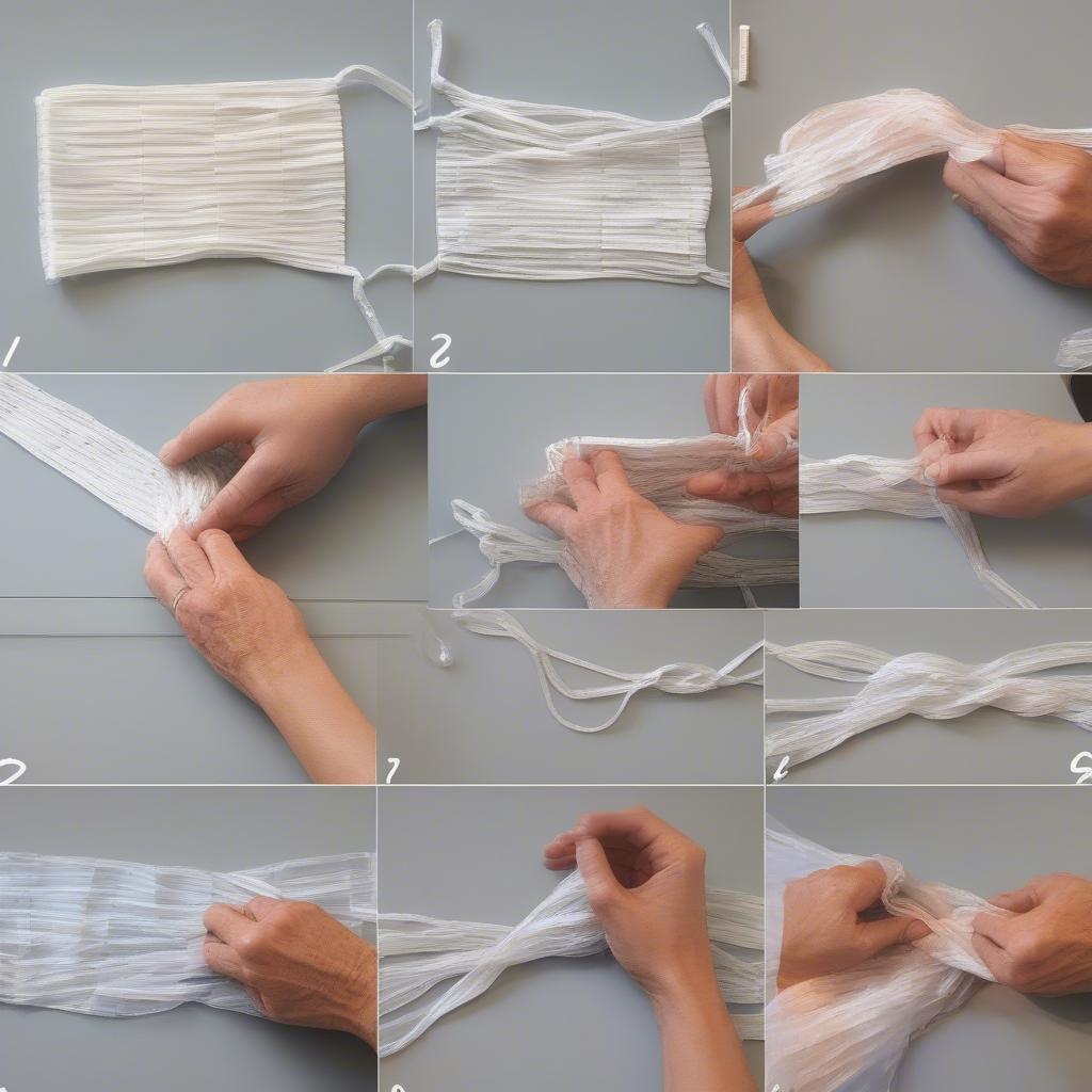 Step-by-step guide on cutting and joining plastic bag strips to make plarn.