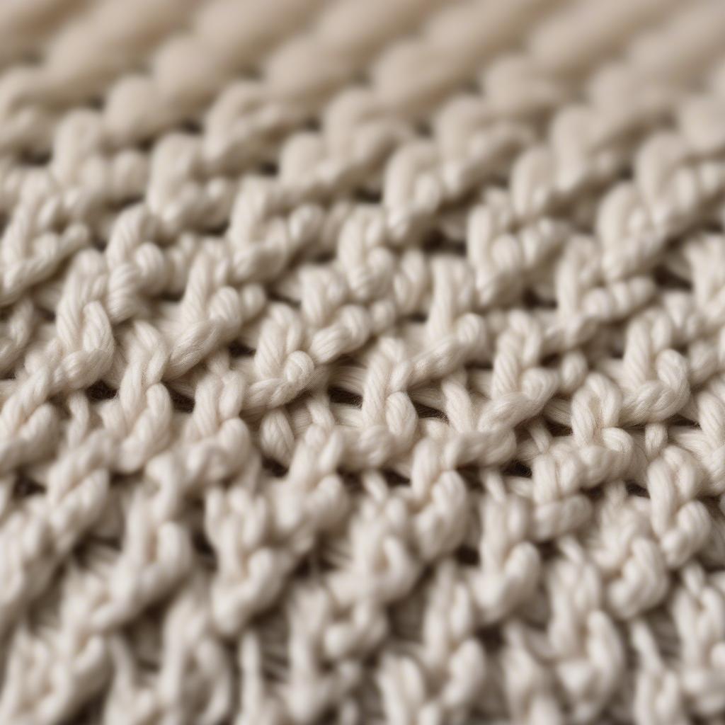 Close-up of a crochet basket weave afghan in a single cream color, showcasing the texture and stitch definition.