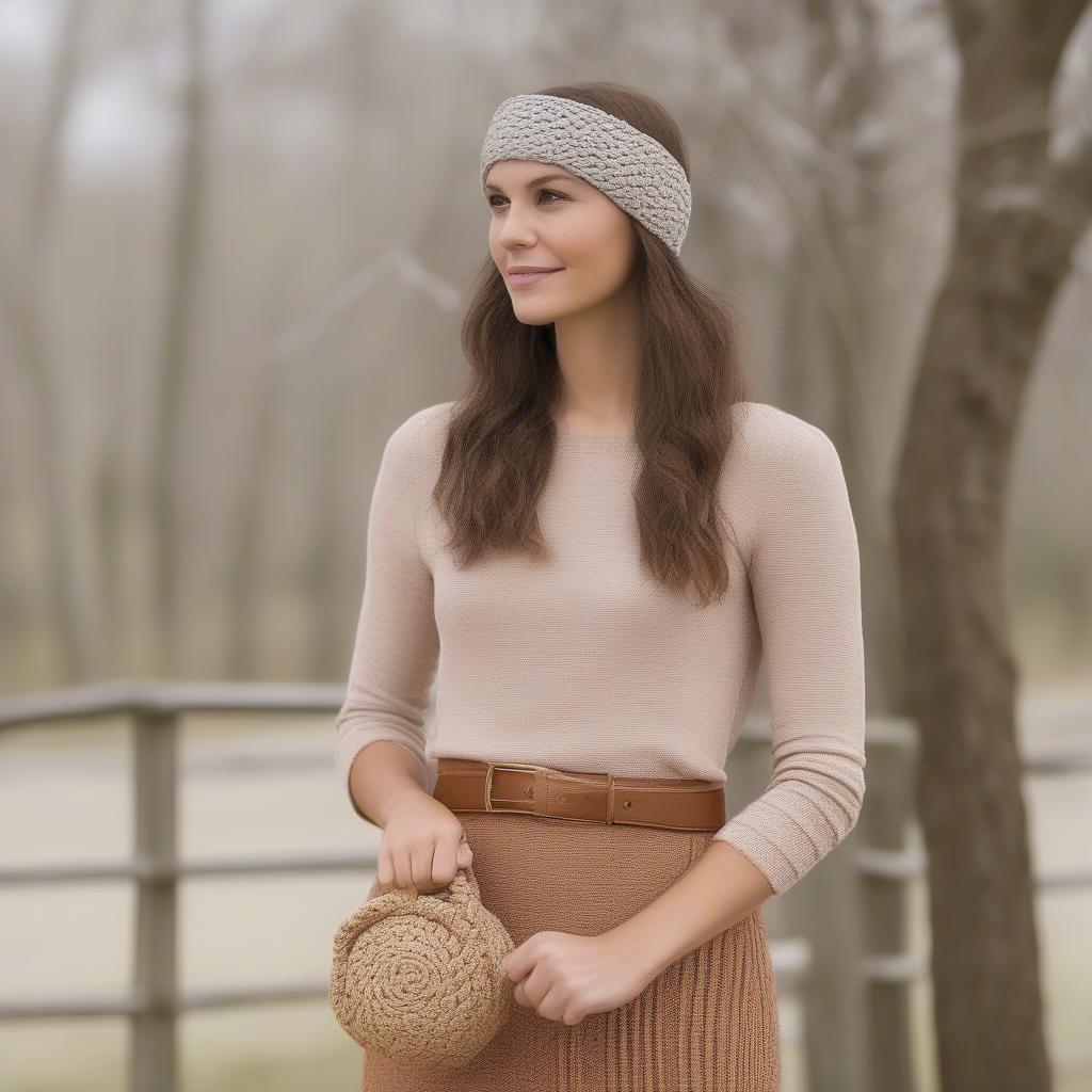 Different accessories made using the crochet basket weave band, including a headband, a belt, and a bracelet.