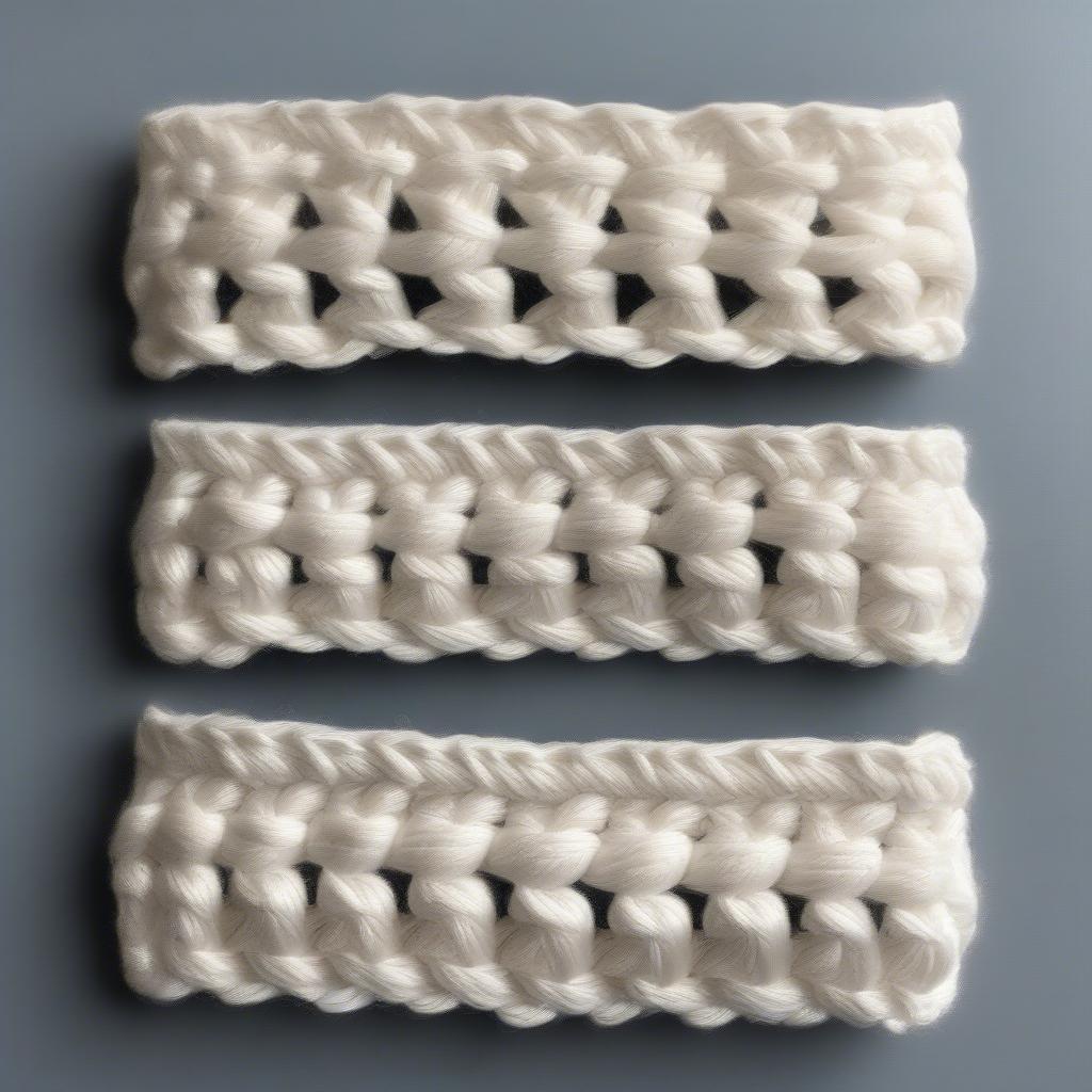 Comparison of crochet basket weave bands made with different yarn weights and hook sizes, showcasing the variation in texture and band width.